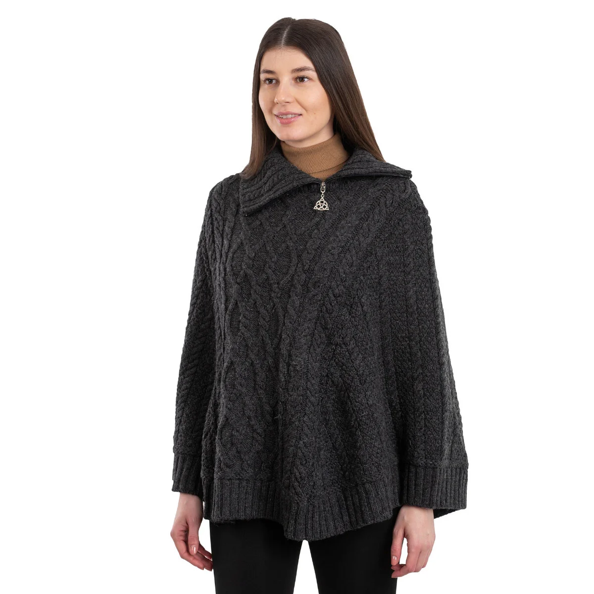 100% Merino Wool Cowl Neck Zipper Poncho – Irish Aran Knit | Pregnancy-Friendly Warmth - Image 3 | Caelmoon