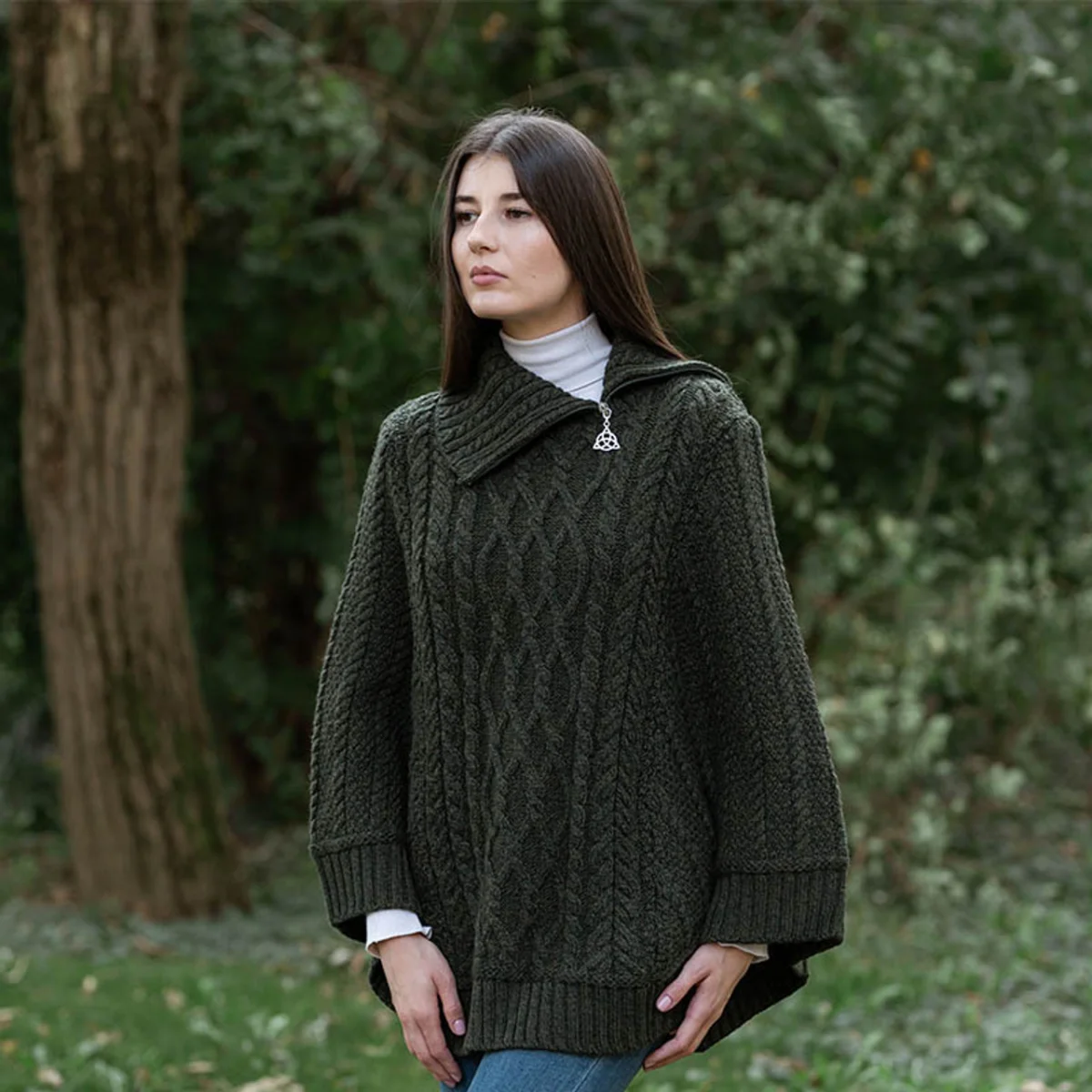 100% Merino Wool Cowl Neck Zipper Poncho – Irish Aran Knit | Pregnancy-Friendly Warmth - Knitwear | Caelmoon