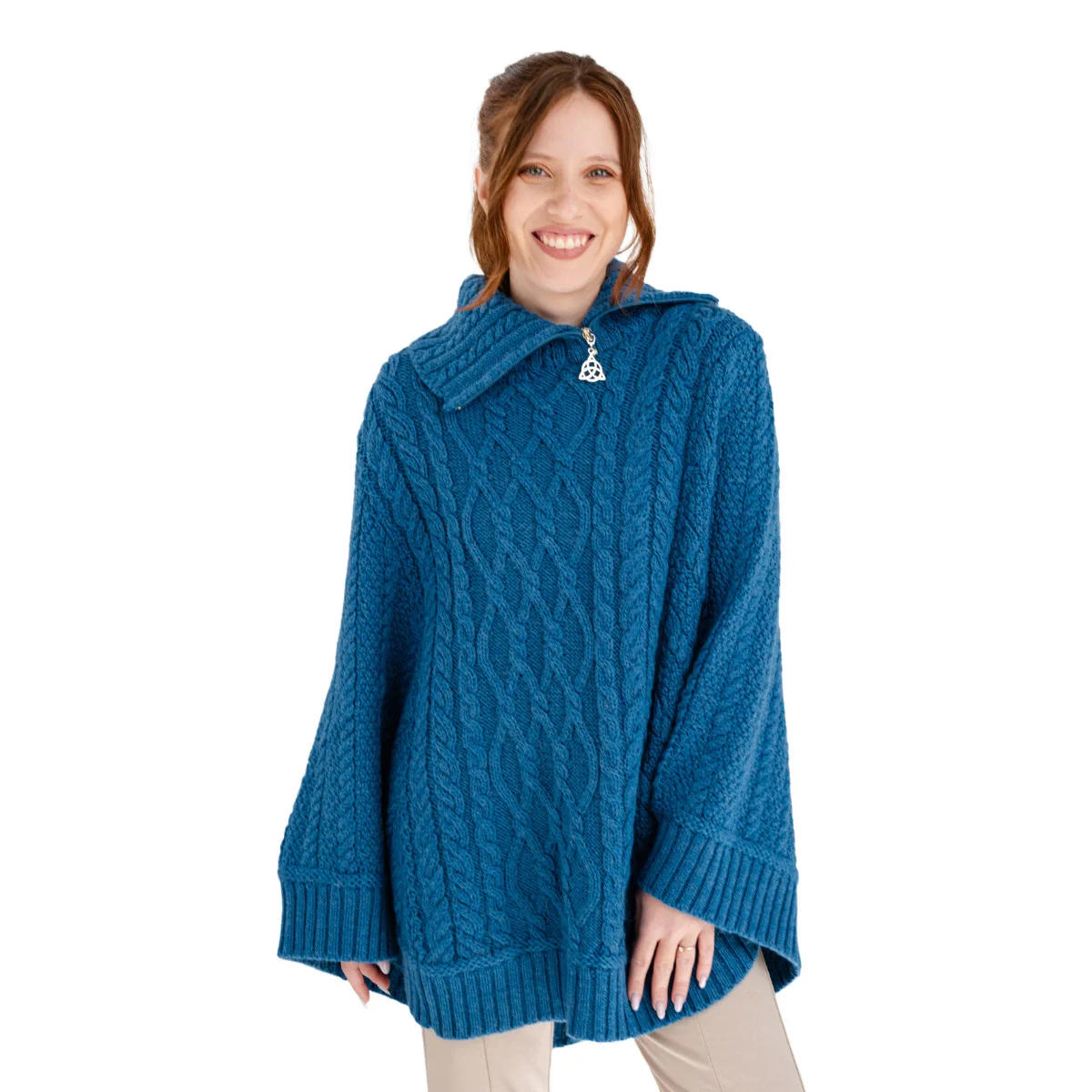 100% Merino Wool Cowl Neck Zipper Poncho – Irish Aran Knit | Pregnancy-Friendly Warmth - Image 7 | Caelmoon