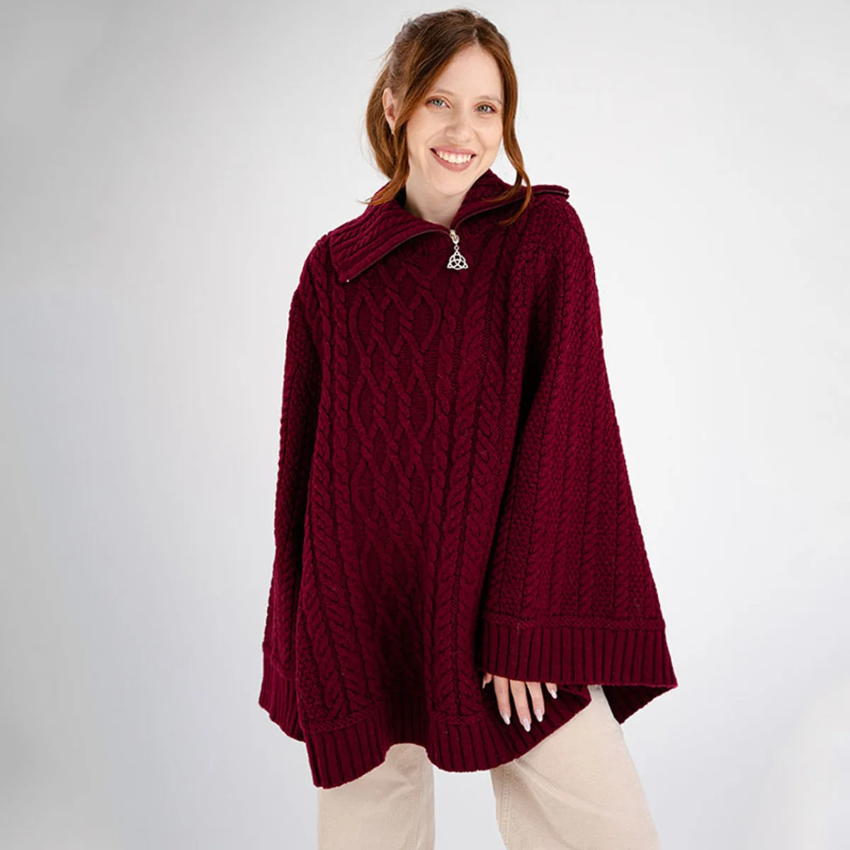 100% Merino Wool Cowl Neck Zipper Poncho – Irish Aran Knit | Pregnancy-Friendly Warmth - Image 10 | Caelmoon