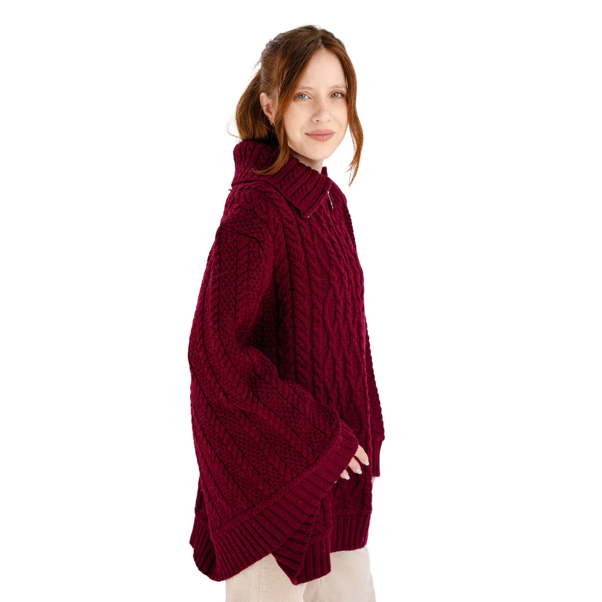 100% Merino Wool Cowl Neck Zipper Poncho – Irish Aran Knit | Pregnancy-Friendly Warmth - Image 14 | Caelmoon