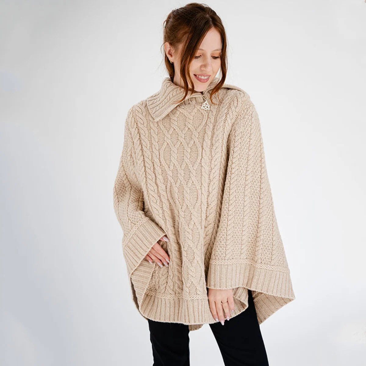 100% Merino Wool Cowl Neck Zipper Poncho – Irish Aran Knit | Pregnancy-Friendly Warmth - Image 16 | Caelmoon