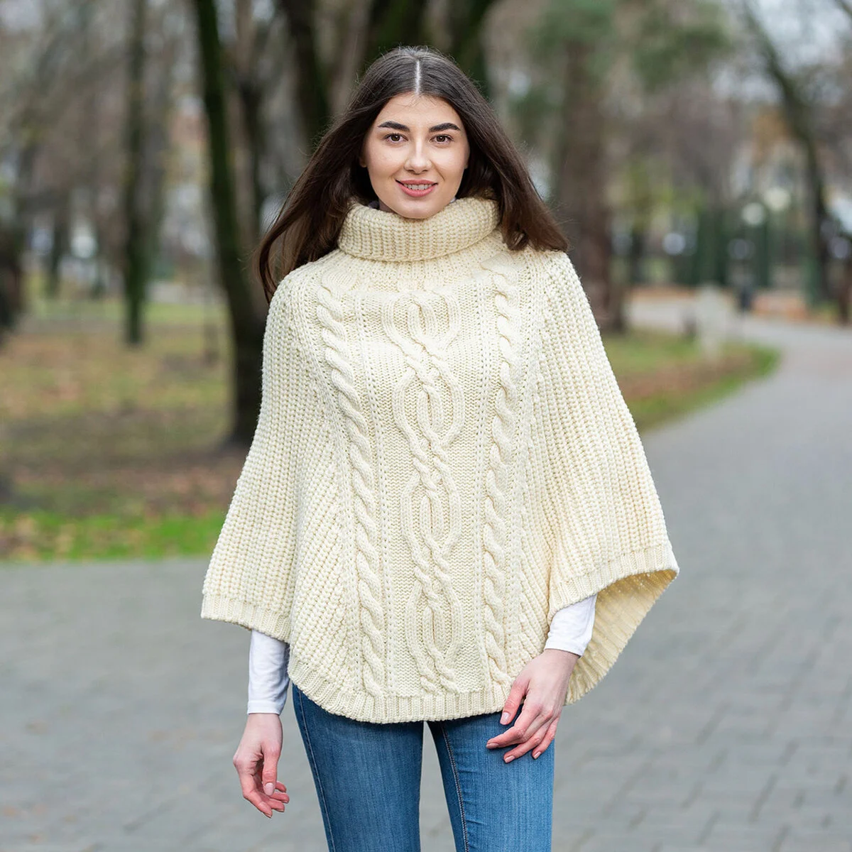 Aran Cowl Neck Merino Wool Poncho | Irish Cable Knit Shawl - Image 3 | Caelmoon