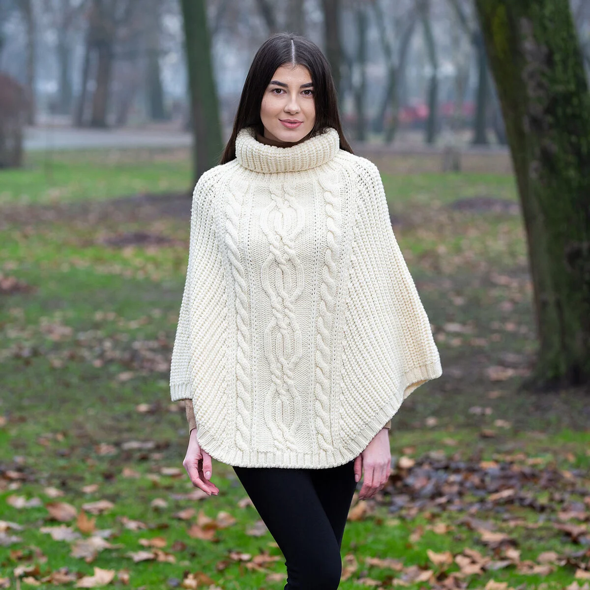 Aran Cowl Neck Merino Wool Poncho | Irish Cable Knit Shawl - Image 4 | Caelmoon