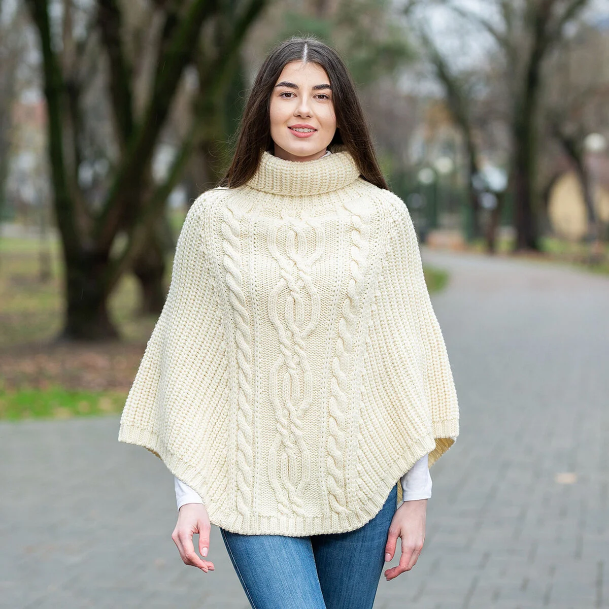 Aran Cowl Neck Merino Wool Poncho | Irish Cable Knit Shawl - Image 5 | Caelmoon