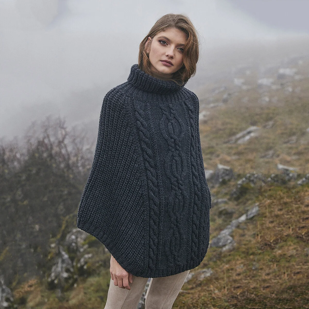 Aran Cowl Neck Merino Wool Poncho | Irish Cable Knit Shawl - Image 6 | Caelmoon