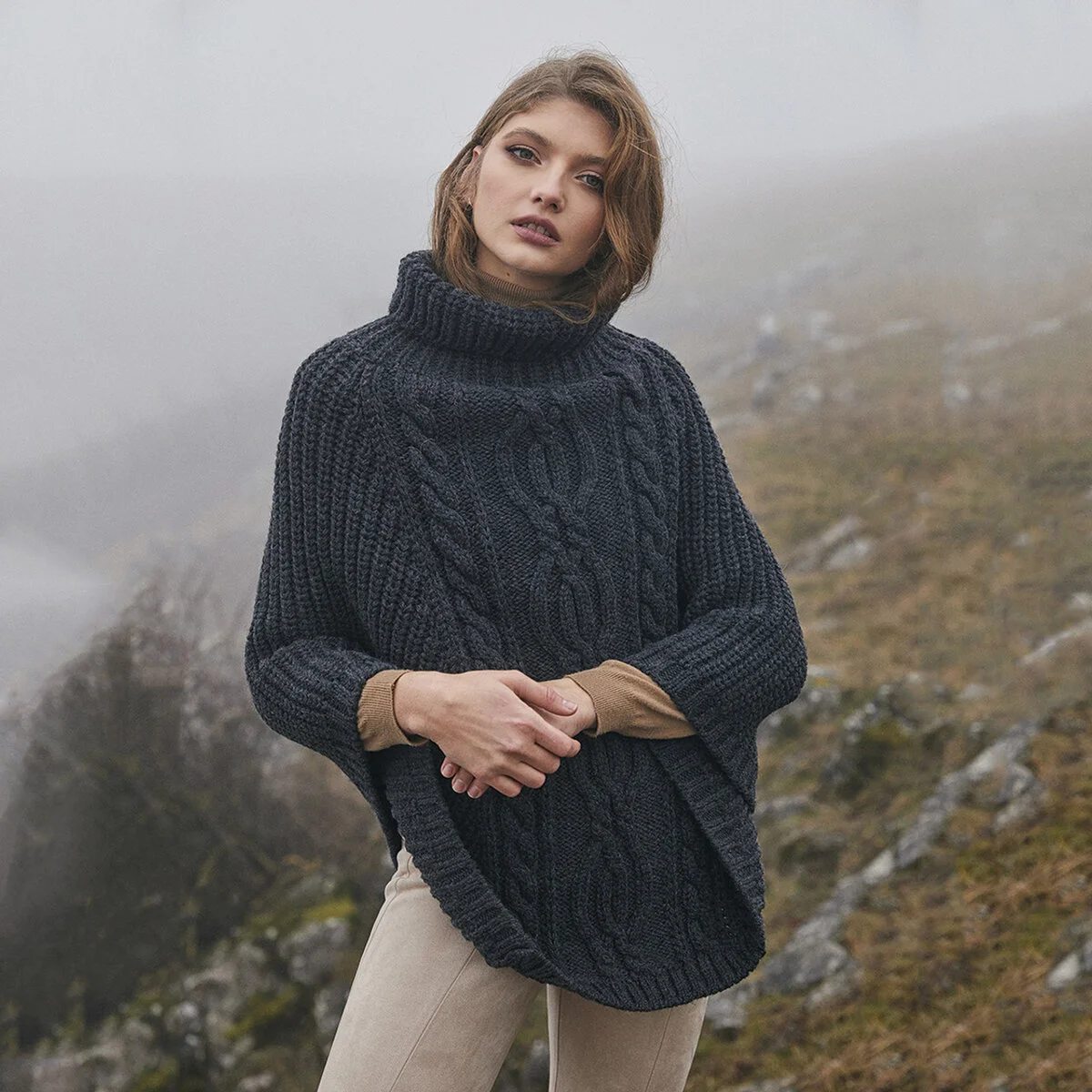 Aran Cowl Neck Merino Wool Poncho | Irish Cable Knit Shawl - Image 7 | Caelmoon