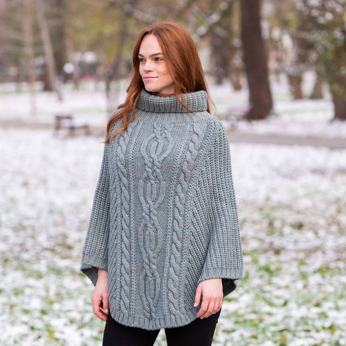 Aran Cowl Neck Merino Wool Poncho | Irish Cable Knit Shawl - Image 11 | Caelmoon