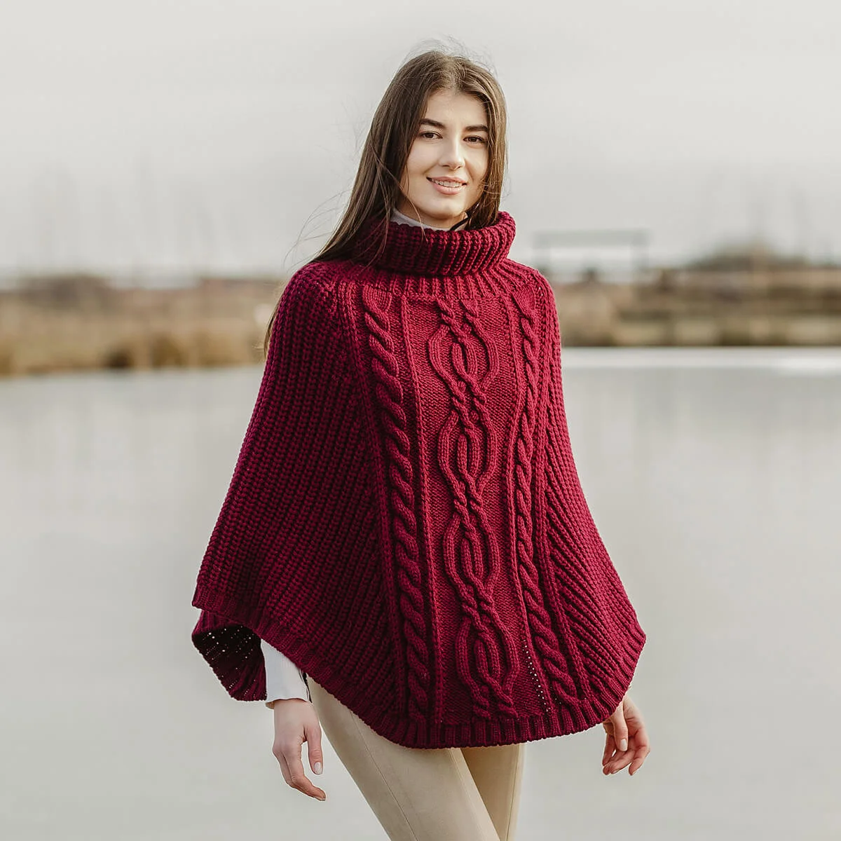 Aran Cowl Neck Merino Wool Poncho | Irish Cable Knit Shawl - Image 18 | Caelmoon