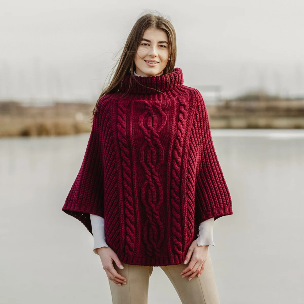 Aran Cowl Neck Merino Wool Poncho | Irish Cable Knit Shawl - Image 19 | Caelmoon