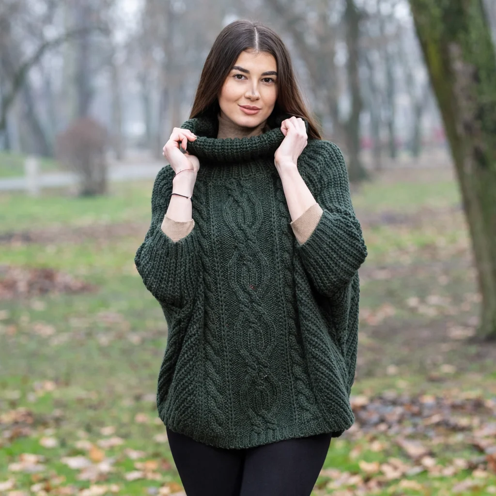 Aran Cowl Neck Merino Wool Poncho | Irish Cable Knit Shawl - Image 20 | Caelmoon