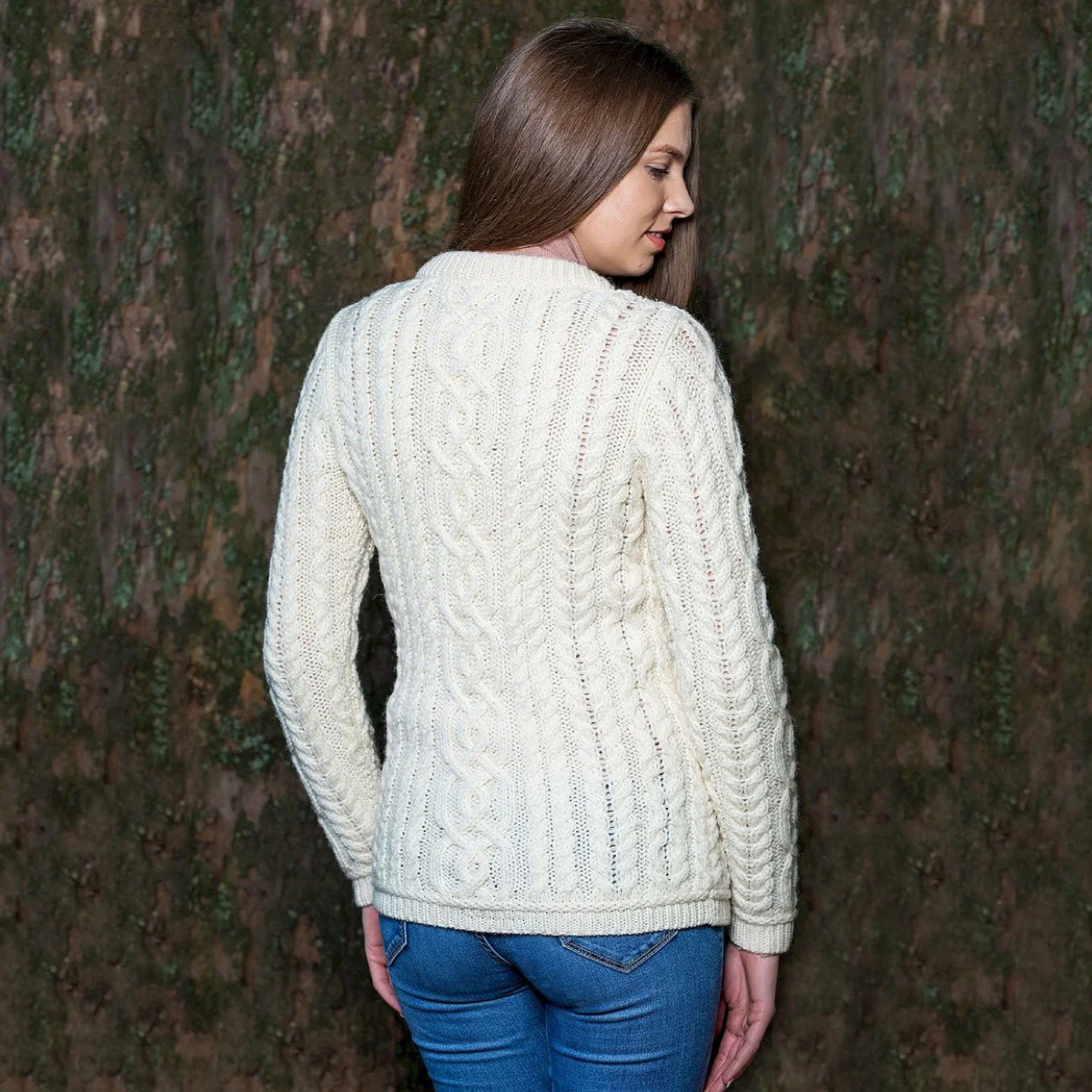 Aran Knit Ladies Cardigan with Leather Buttons – Women’s Cable Wool Sweater Coat - Image 3 | Caelmoon