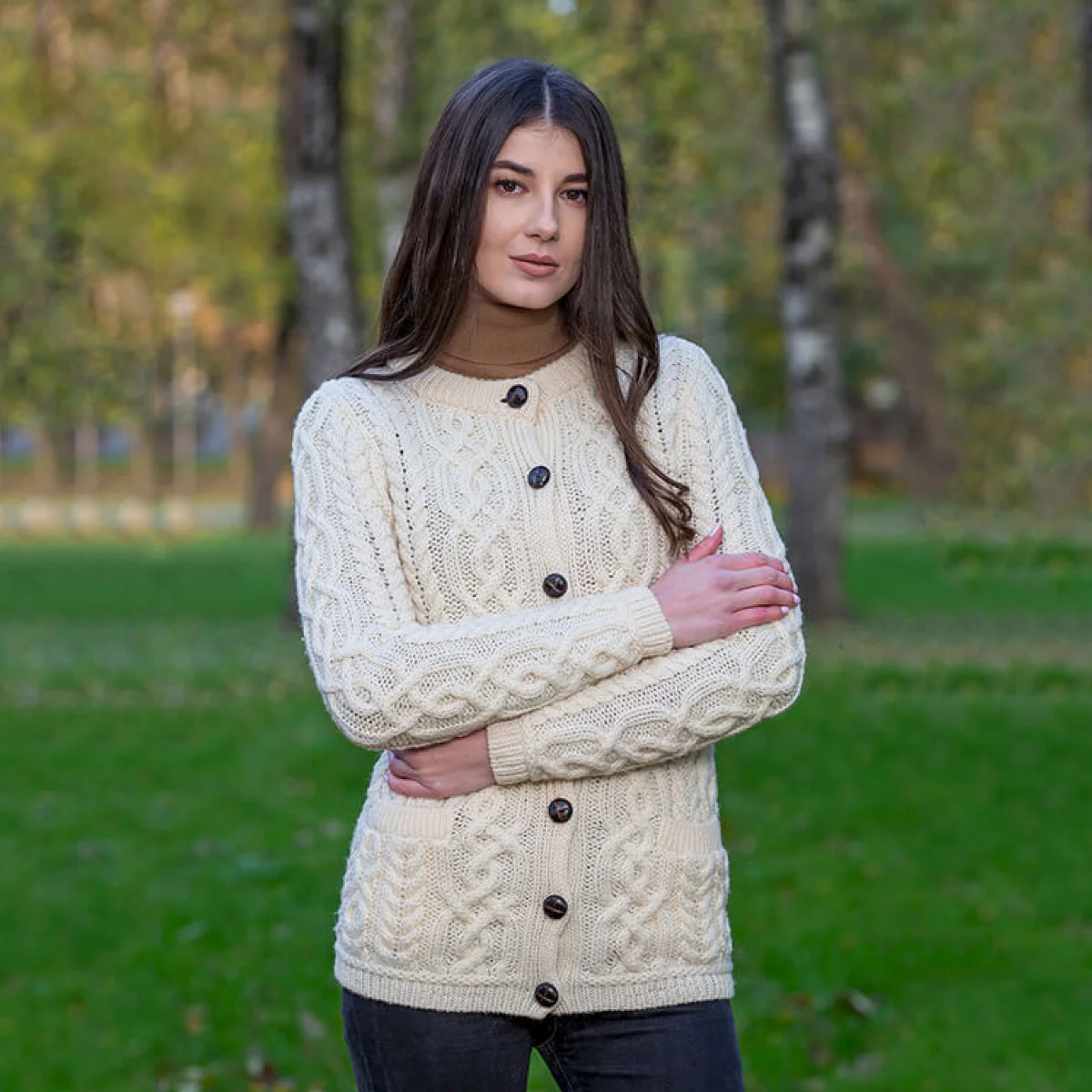 Aran Knit Ladies Cardigan with Leather Buttons – Women’s Cable Wool Sweater Coat | Caelmoon