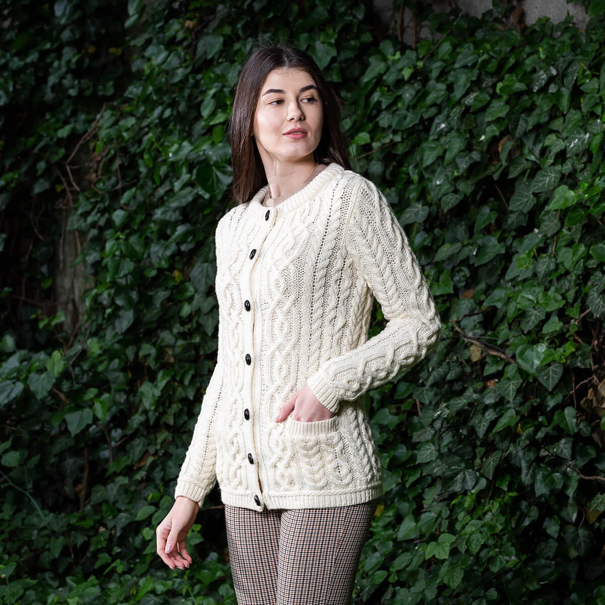 Aran Knit Ladies Cardigan with Leather Buttons – Women’s Cable Wool Sweater Coat - Image 5 | Caelmoon