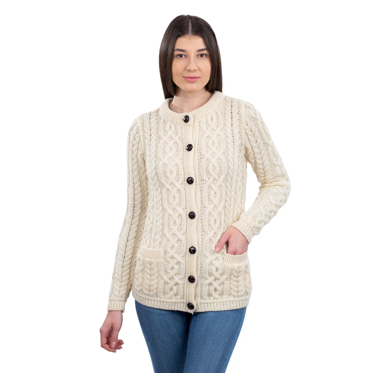 Aran Knit Ladies Cardigan with Leather Buttons – Women’s Cable Wool Sweater Coat - Image 7 | Caelmoon