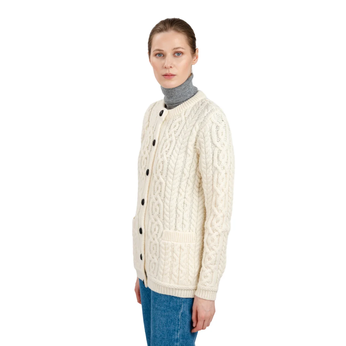 Aran Knit Ladies Cardigan with Leather Buttons – Women’s Cable Wool Sweater Coat - Image 8 | Caelmoon
