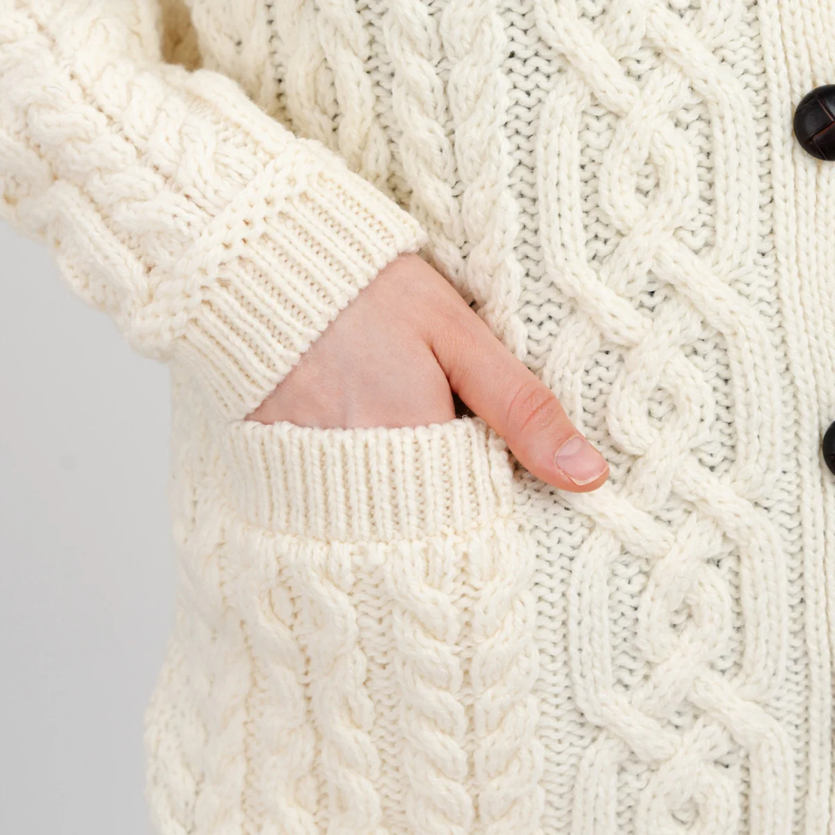 Aran Knit Ladies Cardigan with Leather Buttons – Women’s Cable Wool Sweater Coat - Image 9 | Caelmoon