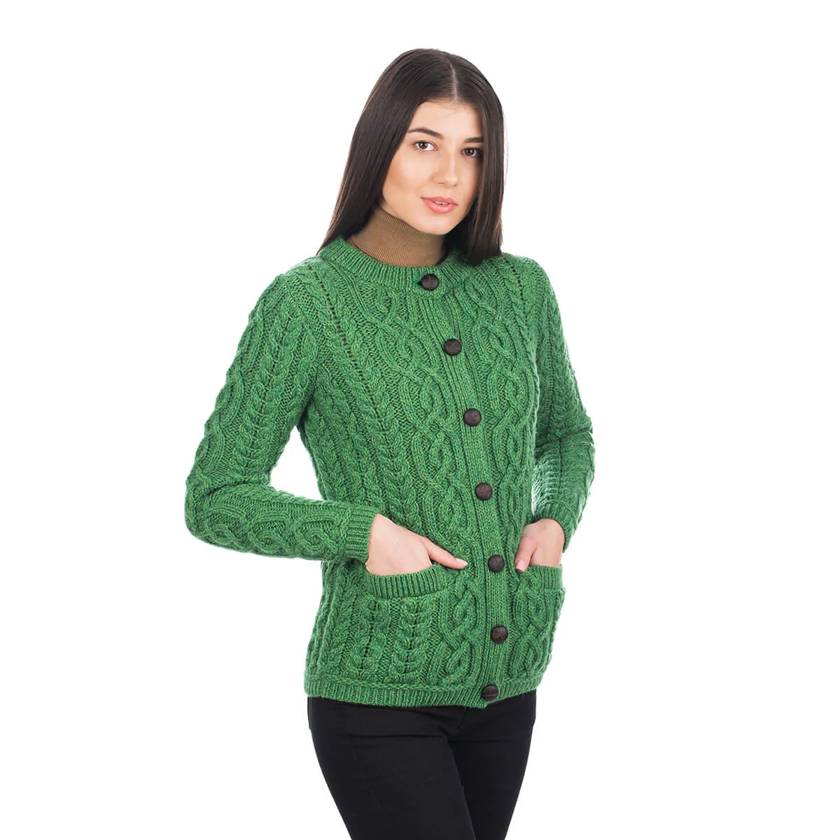 Aran Knit Ladies Cardigan with Leather Buttons – Women’s Cable Wool Sweater Coat - Image 12 | Caelmoon