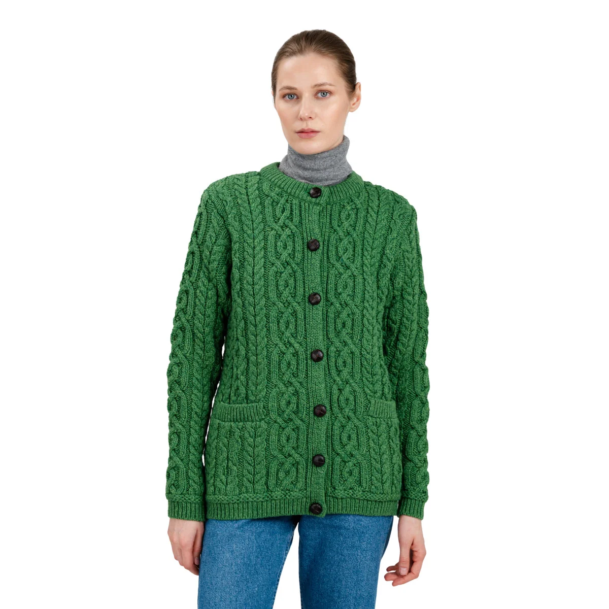 Aran Knit Ladies Cardigan with Leather Buttons – Women’s Cable Wool Sweater Coat - Image 14 | Caelmoon
