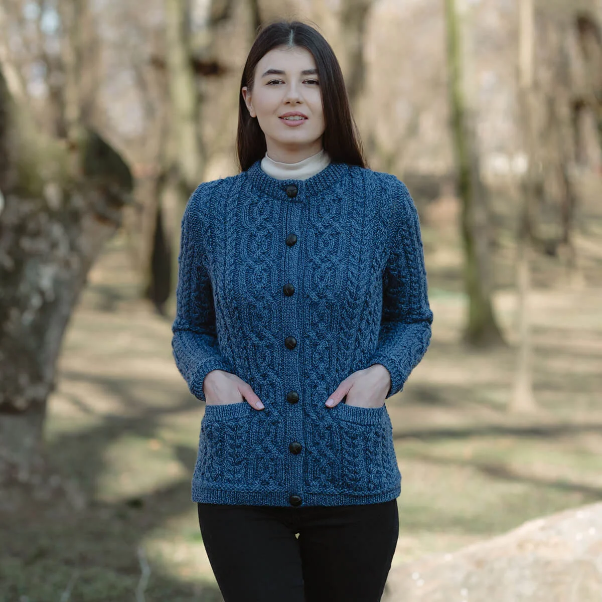 Aran Knit Ladies Cardigan with Leather Buttons – Women’s Cable Wool Sweater Coat - Image 17 | Caelmoon