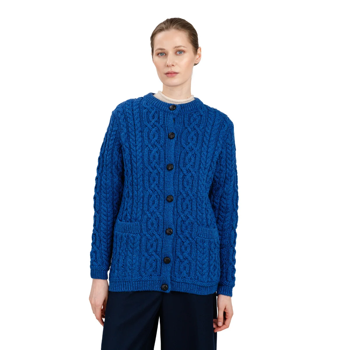 Aran Knit Ladies Cardigan with Leather Buttons – Women’s Cable Wool Sweater Coat - Image 19 | Caelmoon