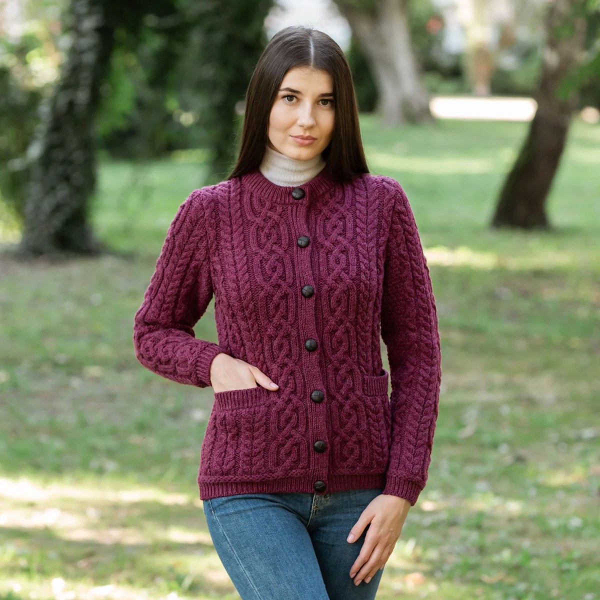 Aran Knit Ladies Cardigan with Leather Buttons – Women’s Cable Wool Sweater Coat - Image 22 | Caelmoon