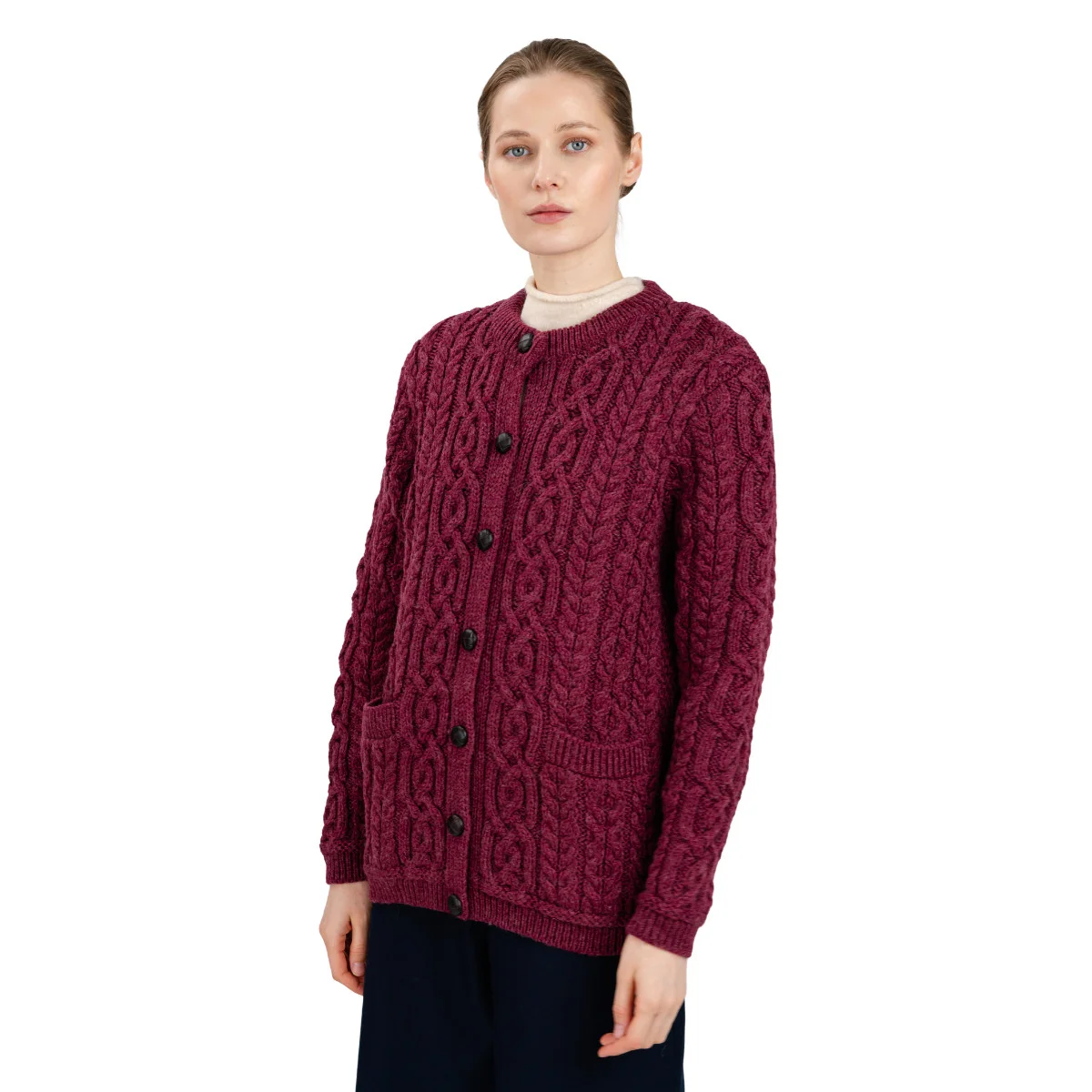 Aran Knit Ladies Cardigan with Leather Buttons – Women’s Cable Wool Sweater Coat - Image 24 | Caelmoon