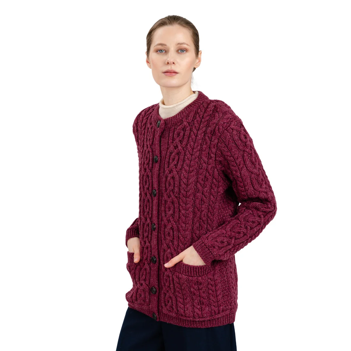 Aran Knit Ladies Cardigan with Leather Buttons – Women’s Cable Wool Sweater Coat - Image 26 | Caelmoon