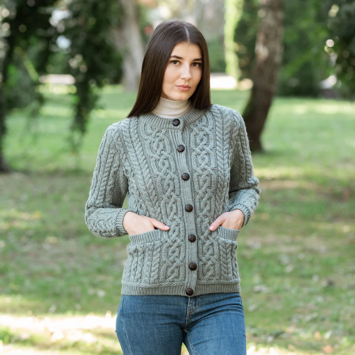 Aran Knit Ladies Cardigan with Leather Buttons – Women’s Cable Wool Sweater Coat - Image 27 | Caelmoon