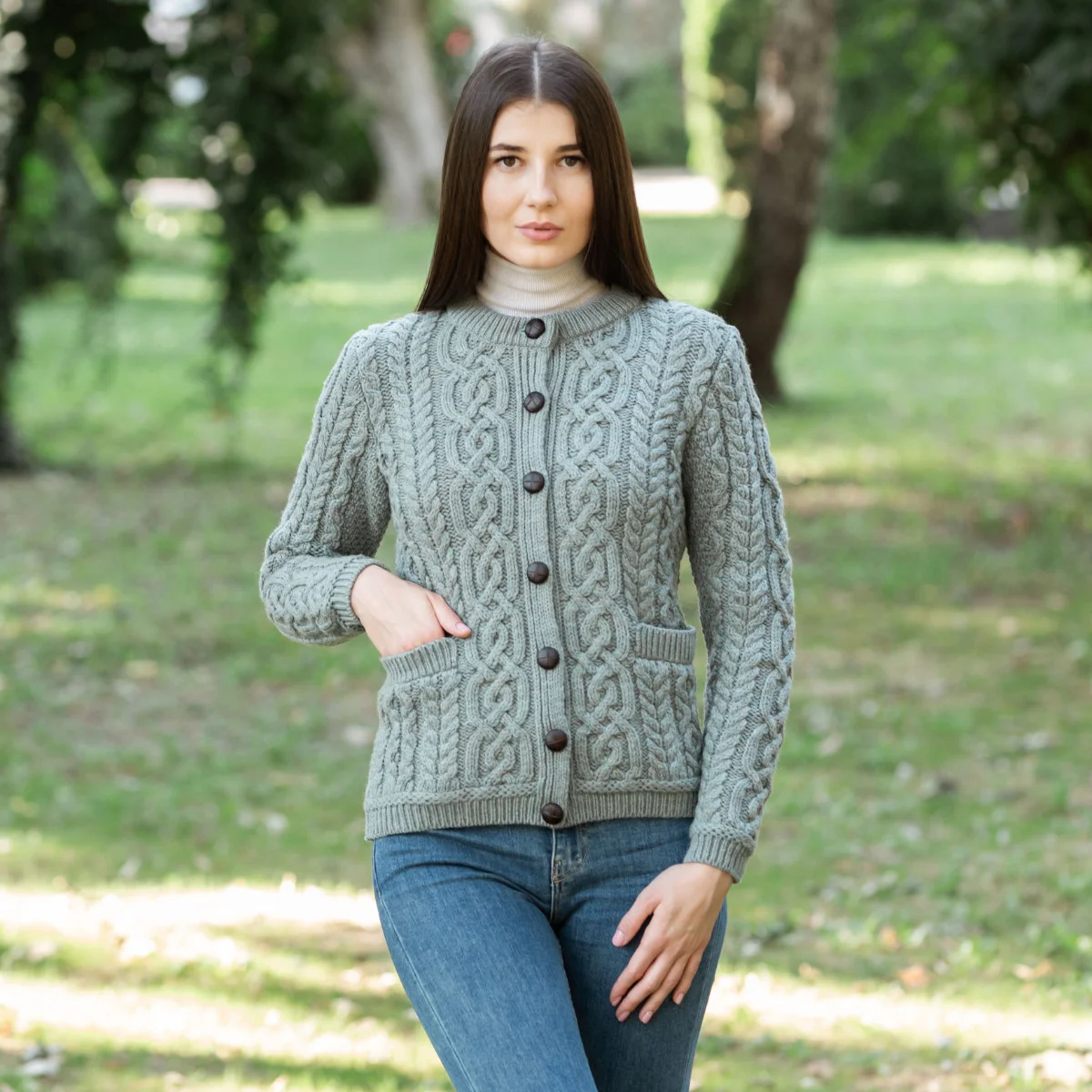 Aran Knit Ladies Cardigan with Leather Buttons – Women’s Cable Wool Sweater Coat - Image 28 | Caelmoon