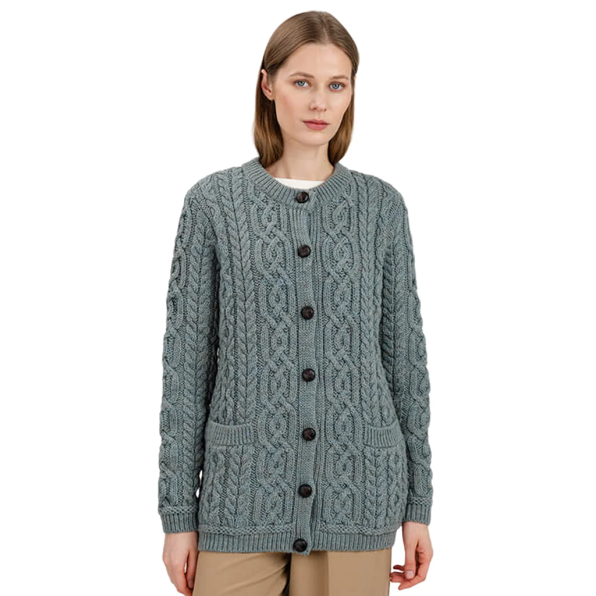 Aran Knit Ladies Cardigan with Leather Buttons – Women’s Cable Wool Sweater Coat - Image 29 | Caelmoon