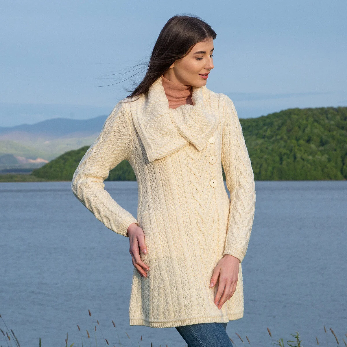 Classic Irish Merino Wool Cable Knit Coat – Made in Ireland - Image 3 | Caelmoon