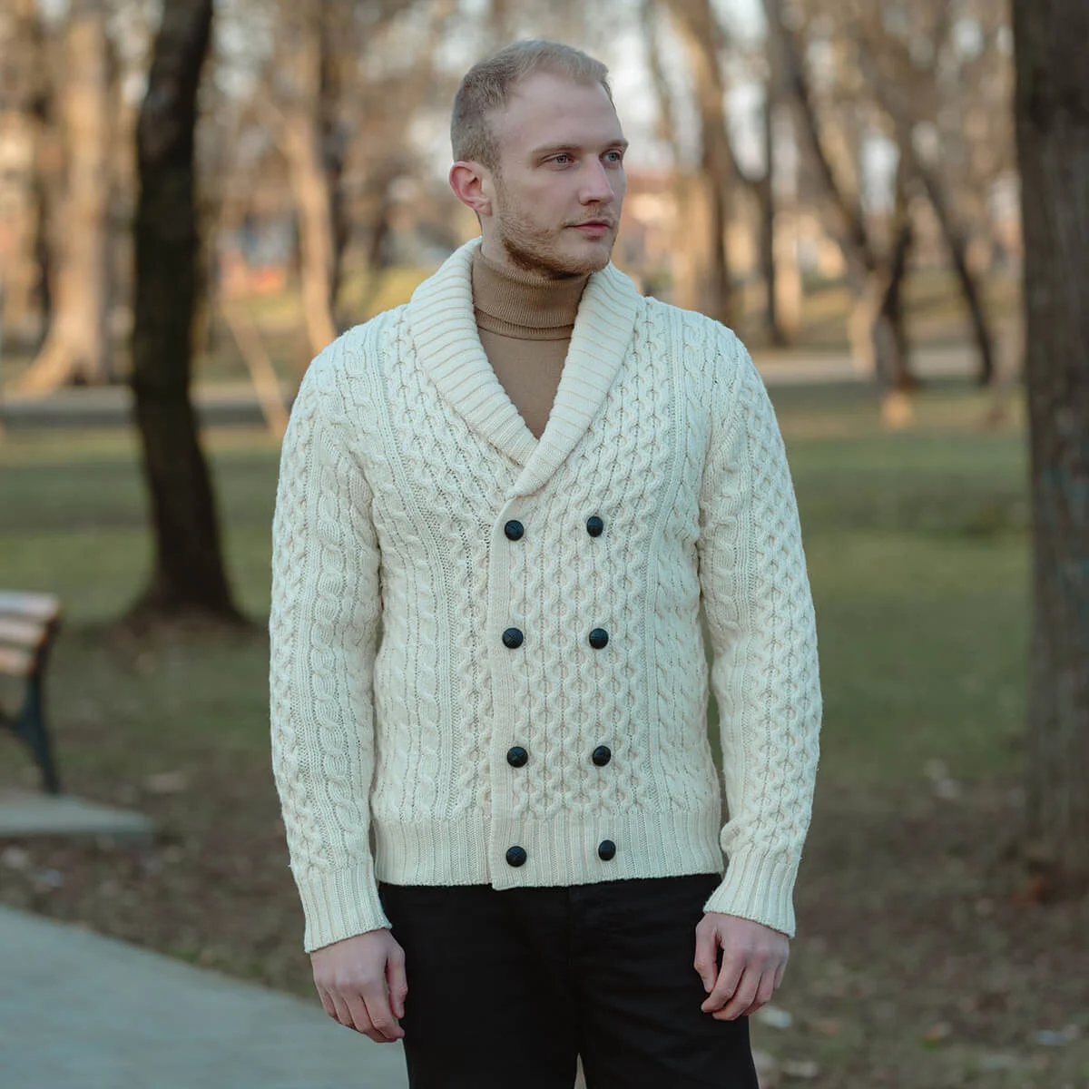 Double Breasted Shawl Cardigan – 100% Merino Wool Knit Sweater for Fall & Winter - Image 3 | Caelmoon