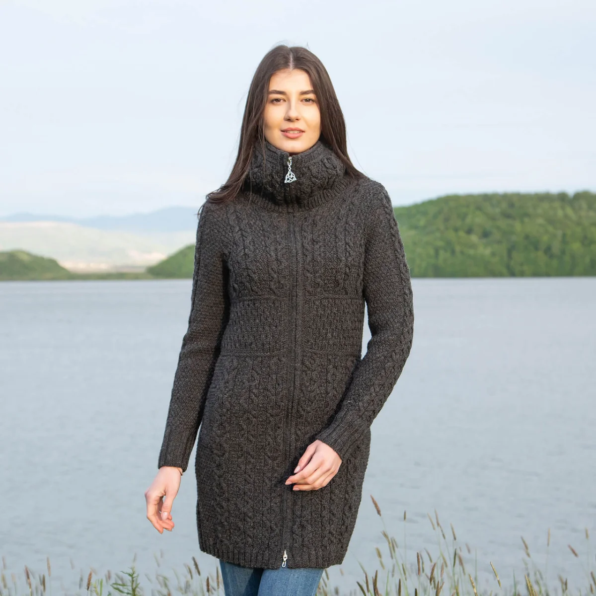 Double Collar Zip Cardigan – 100% Merino Wool Irish Knit Sweater - Image 2 | Caelmoon