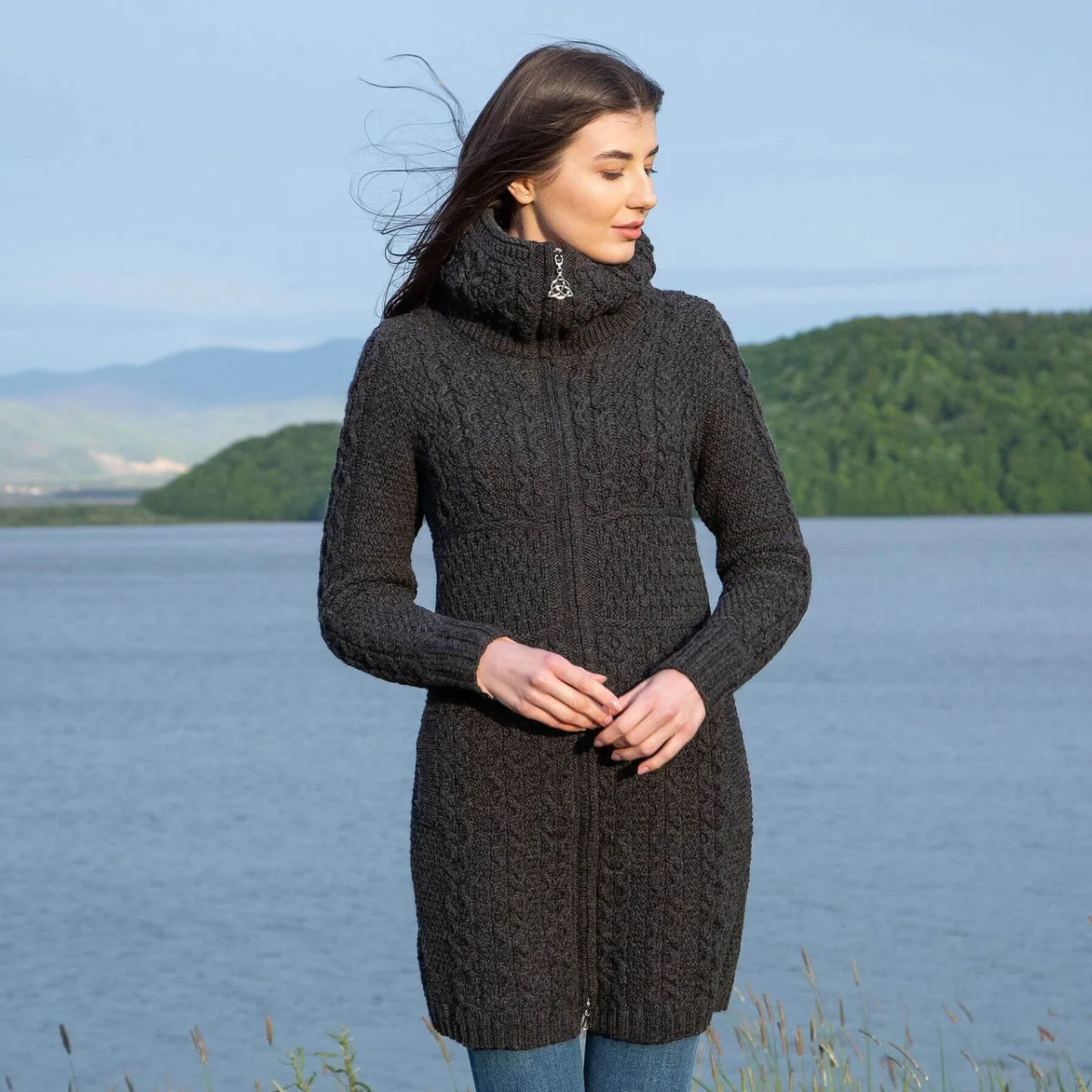 Double Collar Zip Cardigan – 100% Merino Wool Irish Knit Sweater - Image 3 | Caelmoon