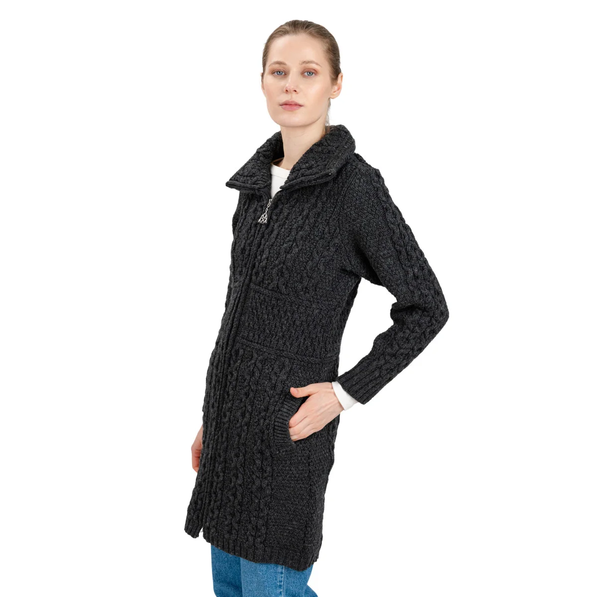 Double Collar Zip Cardigan – 100% Merino Wool Irish Knit Sweater - Image 7 | Caelmoon