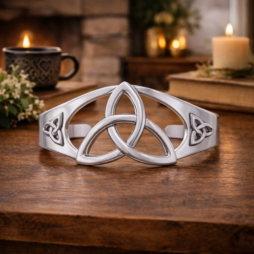 Embossed Trinity Knot Sterling Silver Cuff Bracelet - Jewelry | Caelmoon