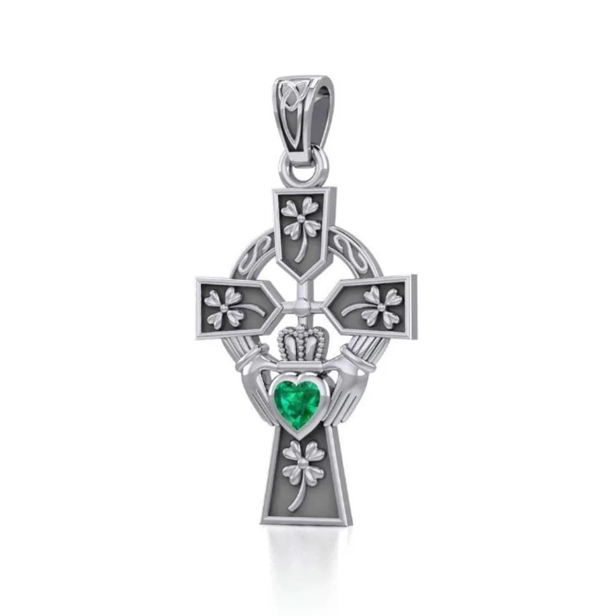 Exquisite Emerald Claddagh Cross Pendant in Sterling Silver – Celtic Jewelry Gift - Image 2 | Caelmoon
