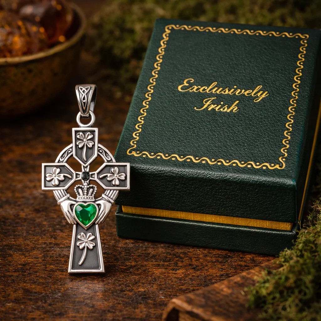 Exquisite Emerald Claddagh Cross Pendant in Sterling Silver – Celtic Jewelry Gift - Featured Product | Caelmoon