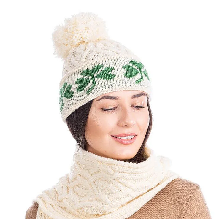 Green Shamrock Wool Hat – Irish Merino Wool Knit Beanie with Pom Pom - Image 2 | Caelmoon