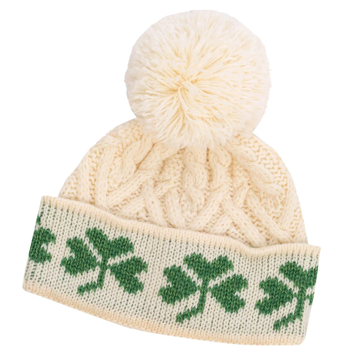 Green Shamrock Wool Hat – Irish Merino Wool Knit Beanie with Pom Pom - Image 5 | Caelmoon