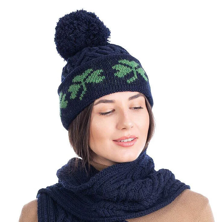 Green Shamrock Wool Hat – Irish Merino Wool Knit Beanie with Pom Pom - Image 3 | Caelmoon