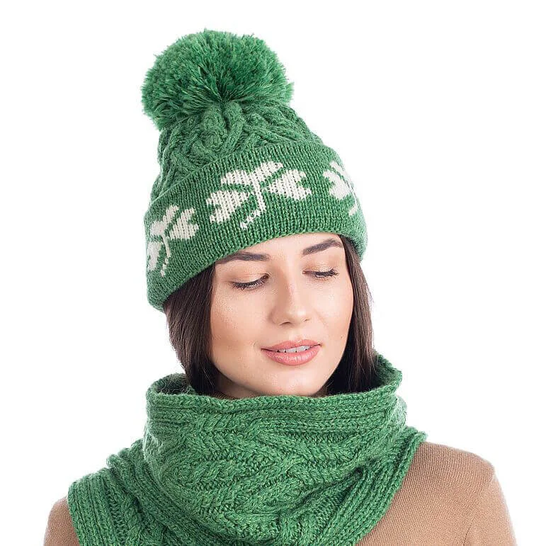Green Shamrock Wool Hat – Irish Merino Wool Knit Beanie with Pom Pom - Image 4 | Caelmoon