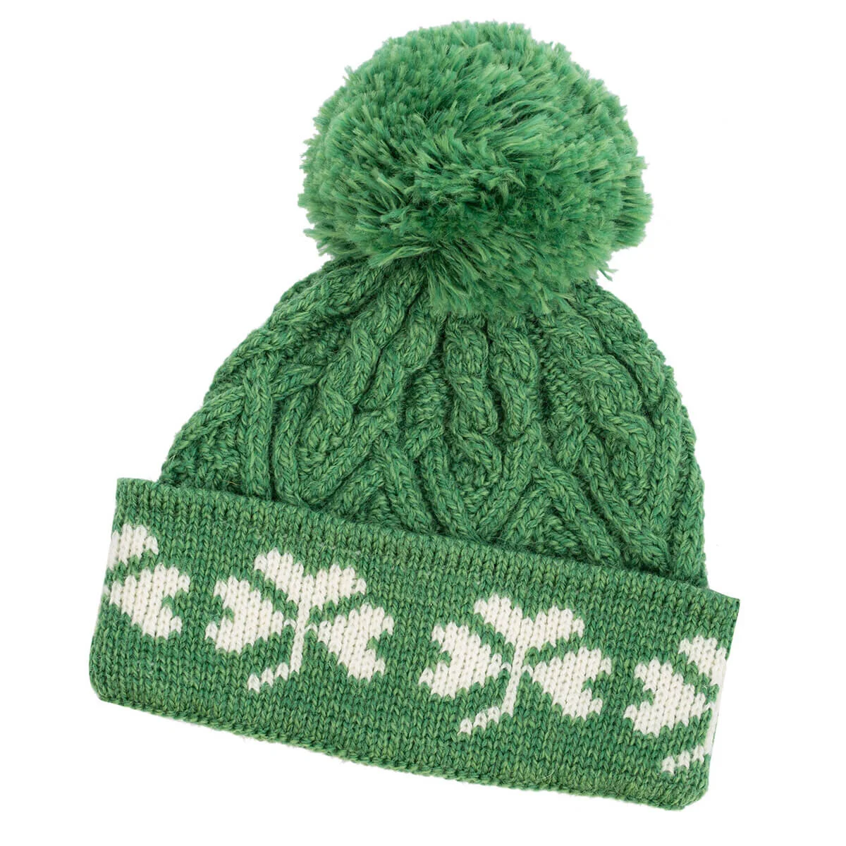 Green Shamrock Wool Hat – Irish Merino Wool Knit Beanie with Pom Pom - Image 6 | Caelmoon