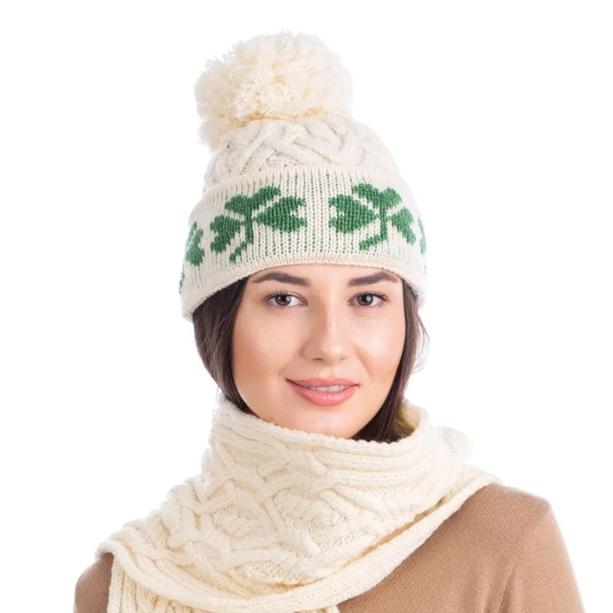 Green Shamrock Wool Hat – Irish Merino Wool Knit Beanie with Pom Pom - Image 8 | Caelmoon