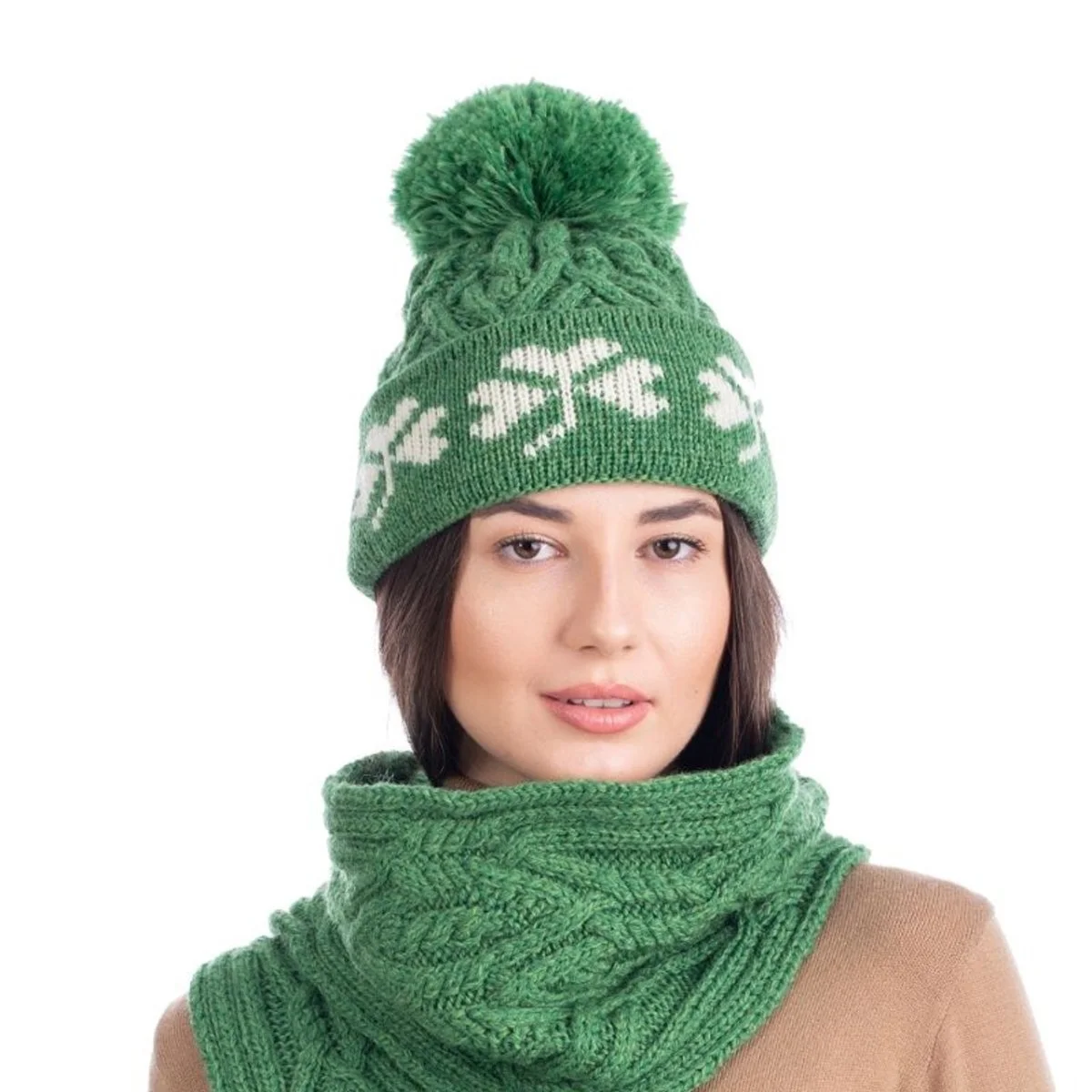 Green Shamrock Wool Hat – Irish Merino Wool Knit Beanie with Pom Pom - Image 9 | Caelmoon