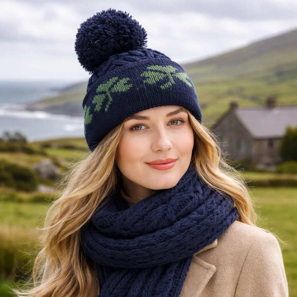 Green Shamrock Wool Hat – Irish Merino Wool Knit Beanie with Pom Pom - Knitwear | Caelmoon