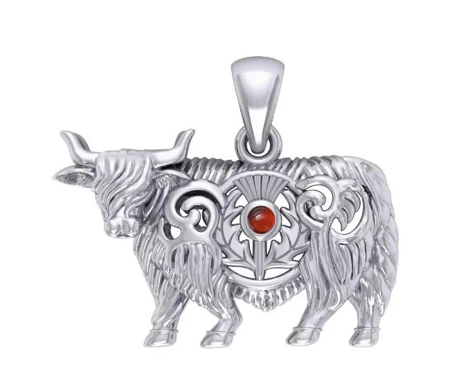 Highland Cow & Scottish Thistle Sterling Silver Pendant with Emerald or Garnet - Image 3 | Caelmoon