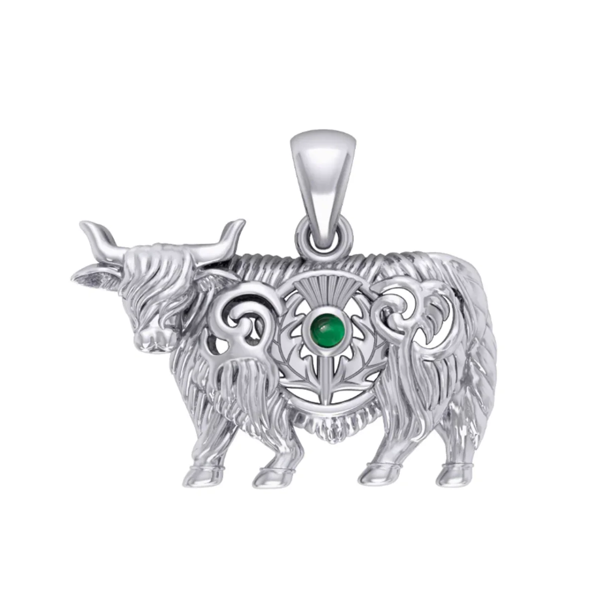Highland Cow & Scottish Thistle Sterling Silver Pendant with Emerald or Garnet - Image 2 | Caelmoon