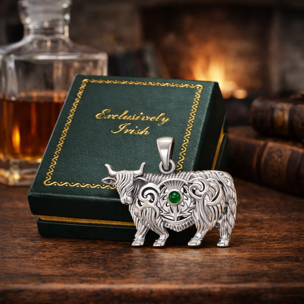 Highland Cow & Scottish Thistle Sterling Silver Pendant with Emerald or Garnet - Jewelry | Caelmoon